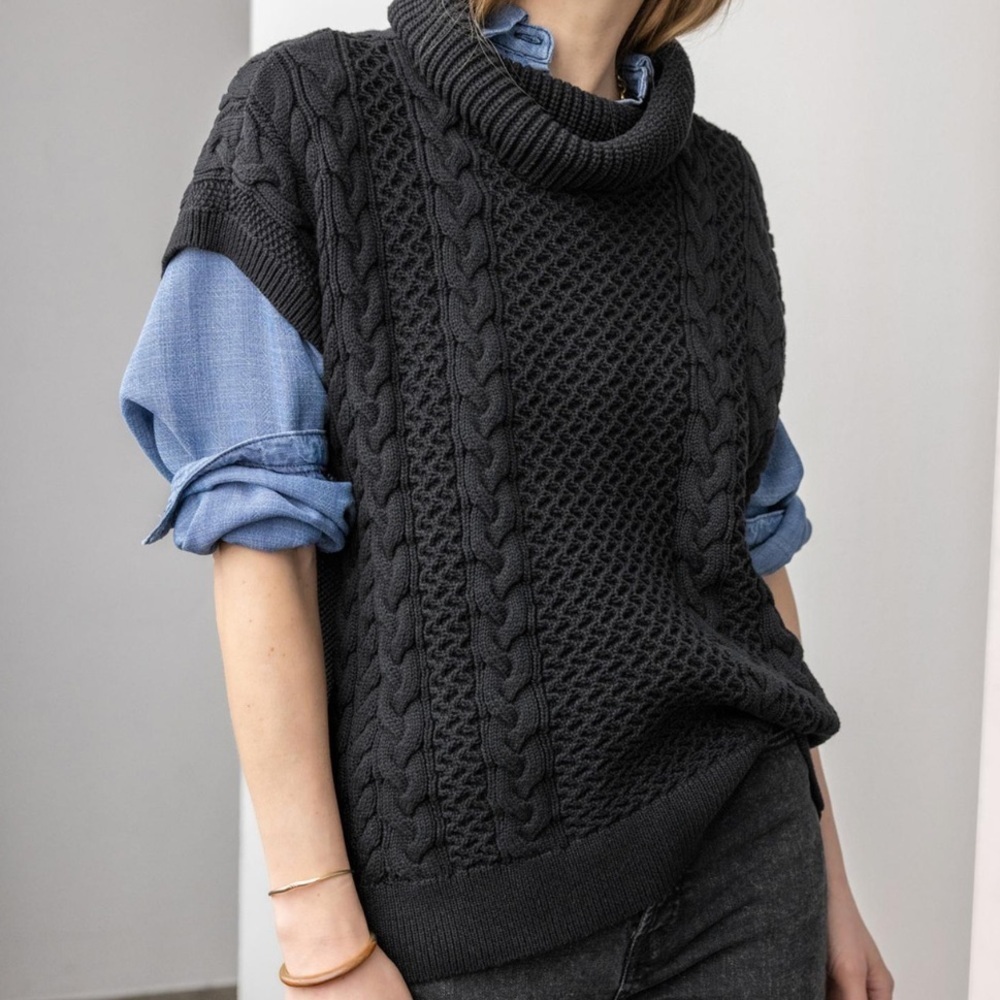 NWT Lilla P Black Cowl Neck Sweater Cable Knit Medium